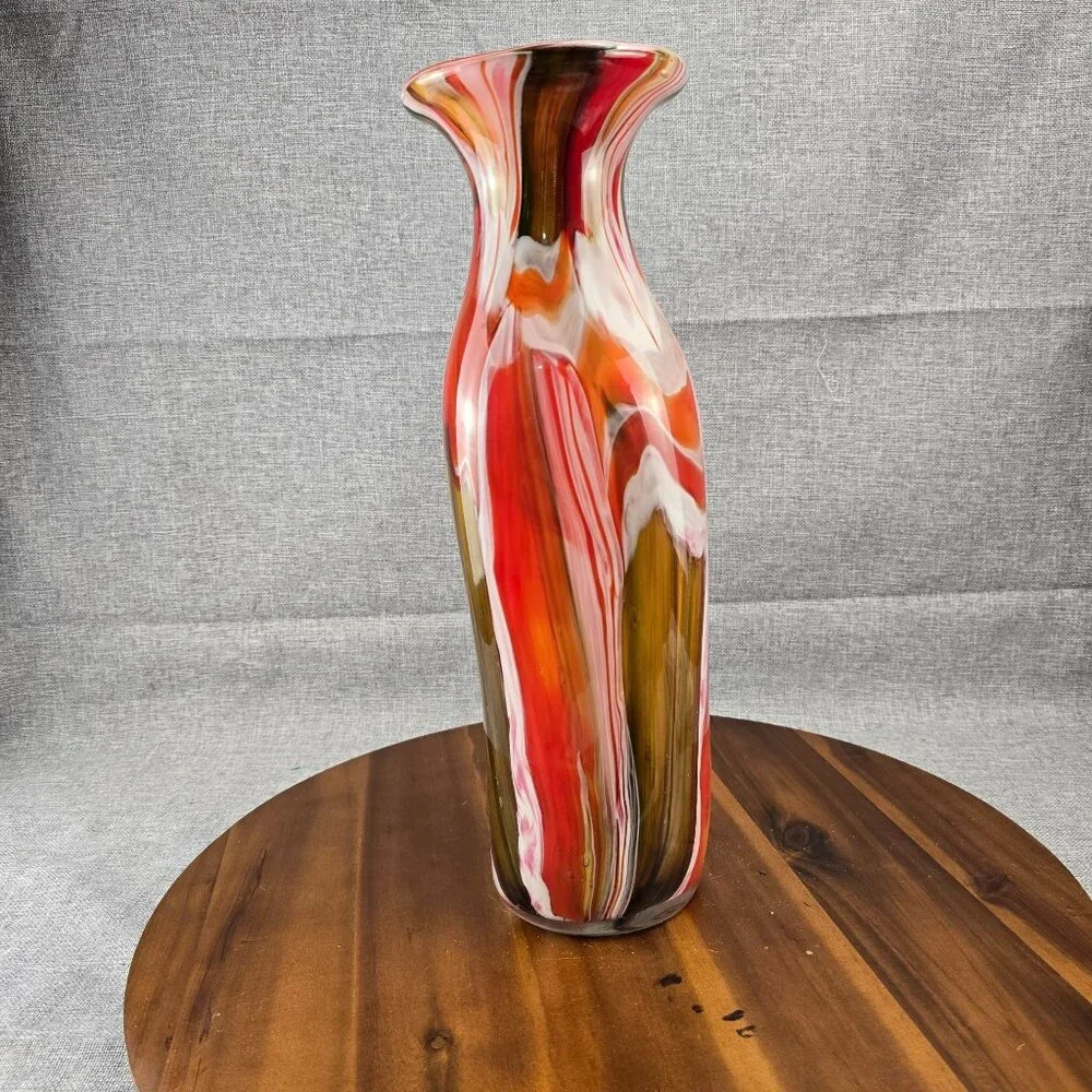 Vintage Red Swirl Hand Blown Art Glass Vase Flared Rim Multi-Color 17 inch